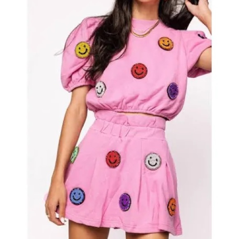 QUEEN OF SPARKLES Pink Smiley Face Skirt Set